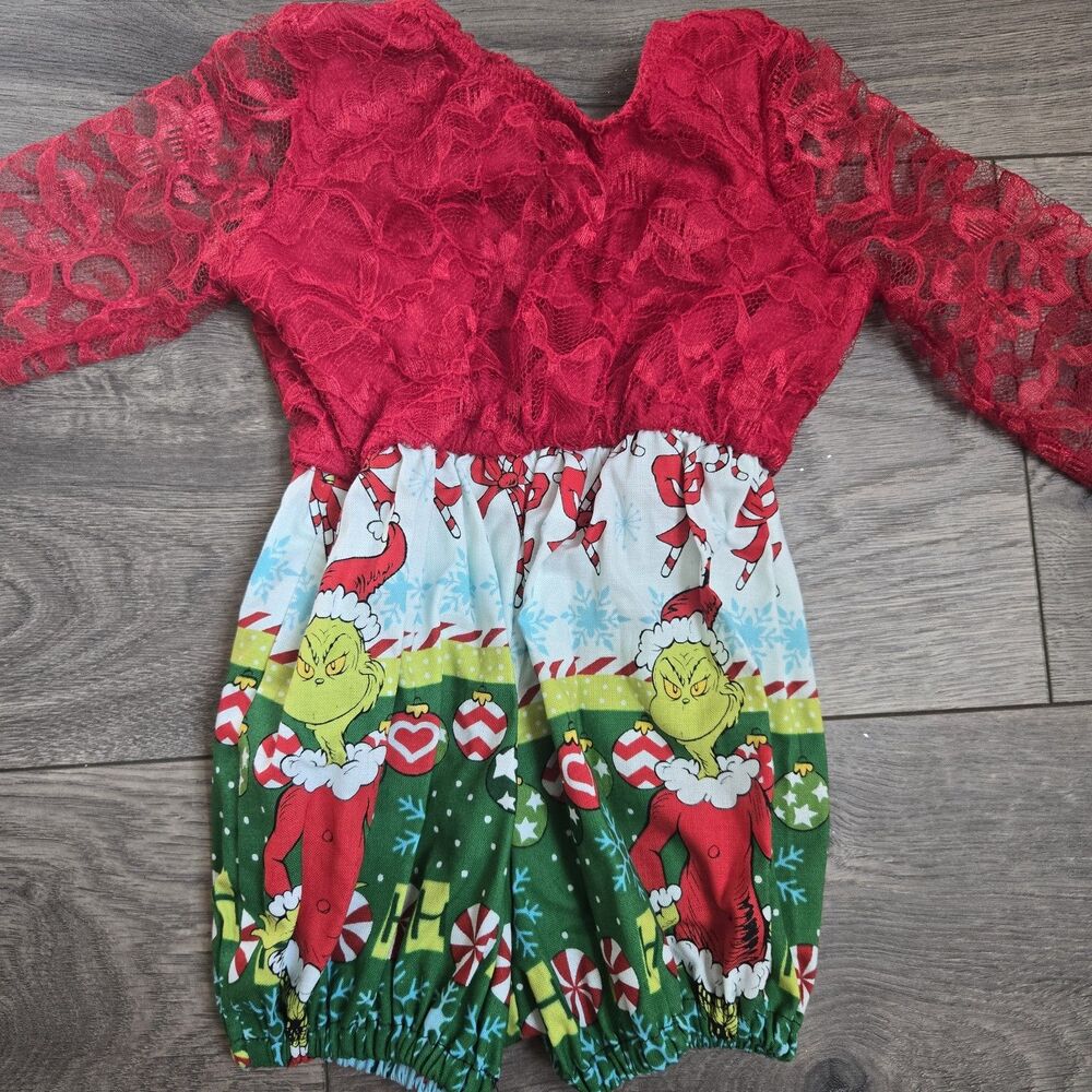 Whimsical Willow Baby Girl 3-6M Grinch Christmas Romper Red Lace Bubble Bodysuit